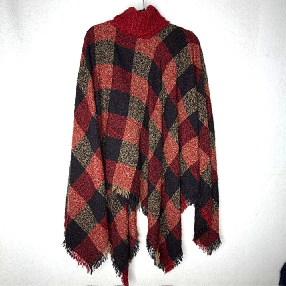 Red black plaid cowl neck fringe blanket poncho cape coat